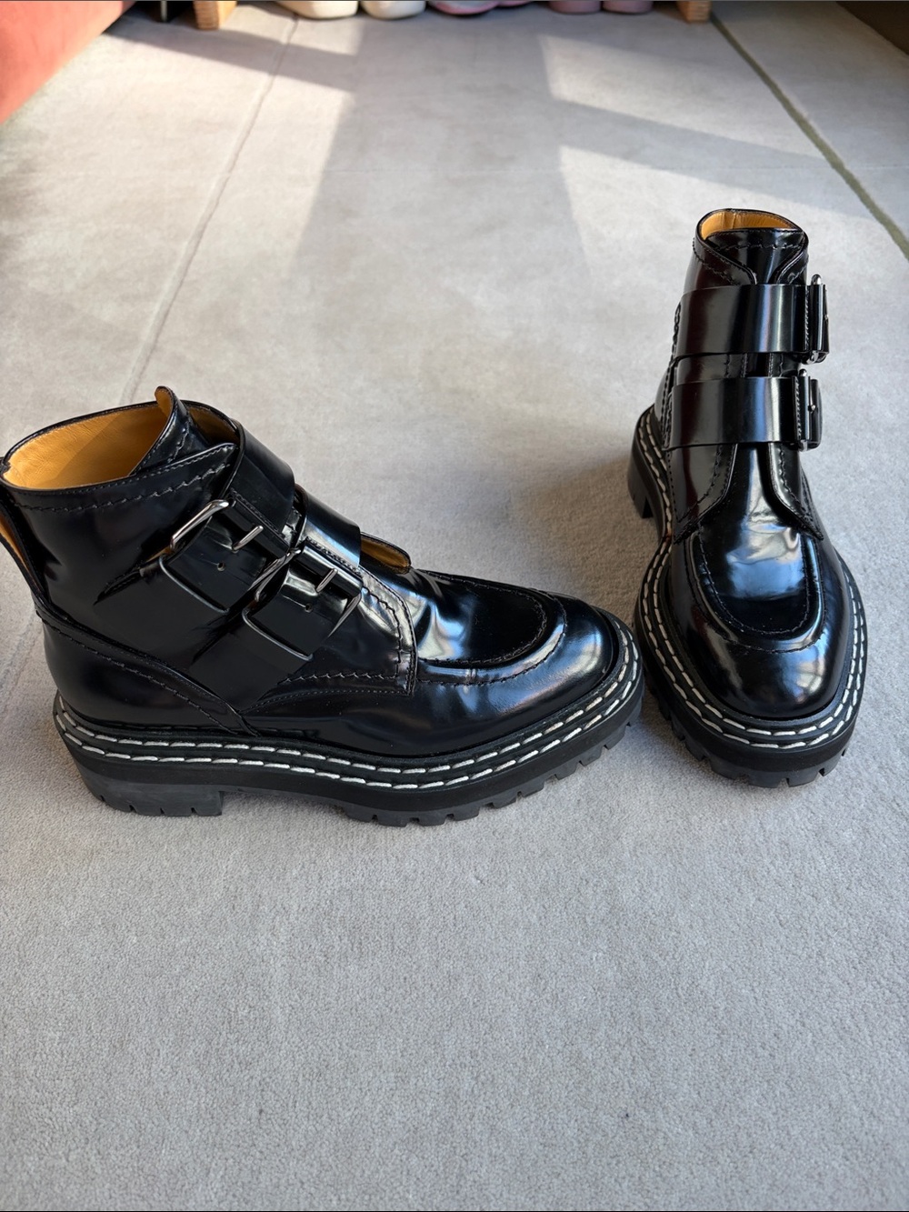 Proenza Schouler Black Patent Double-Buckle Lug Ankle Boots